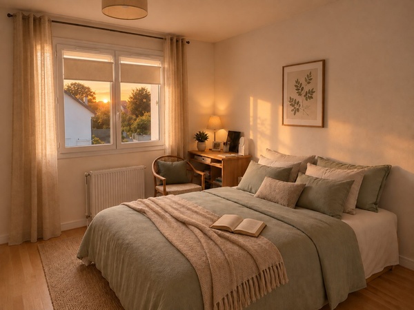 Projection d'aménagement de la deuxième chambre, à la lumière du coucher de soleil