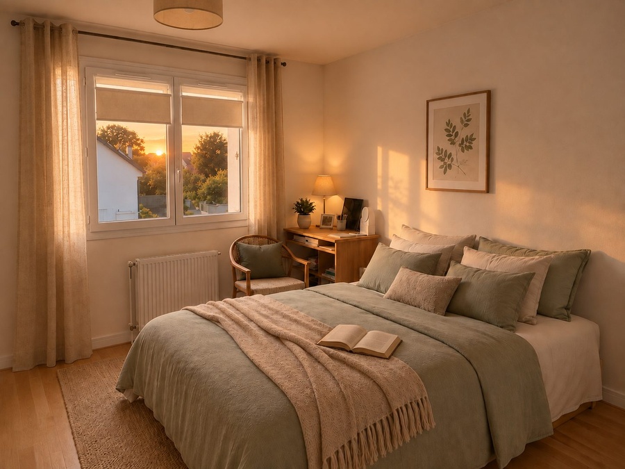 Projection d'aménagement de la deuxième chambre, à la lumière du coucher de soleil