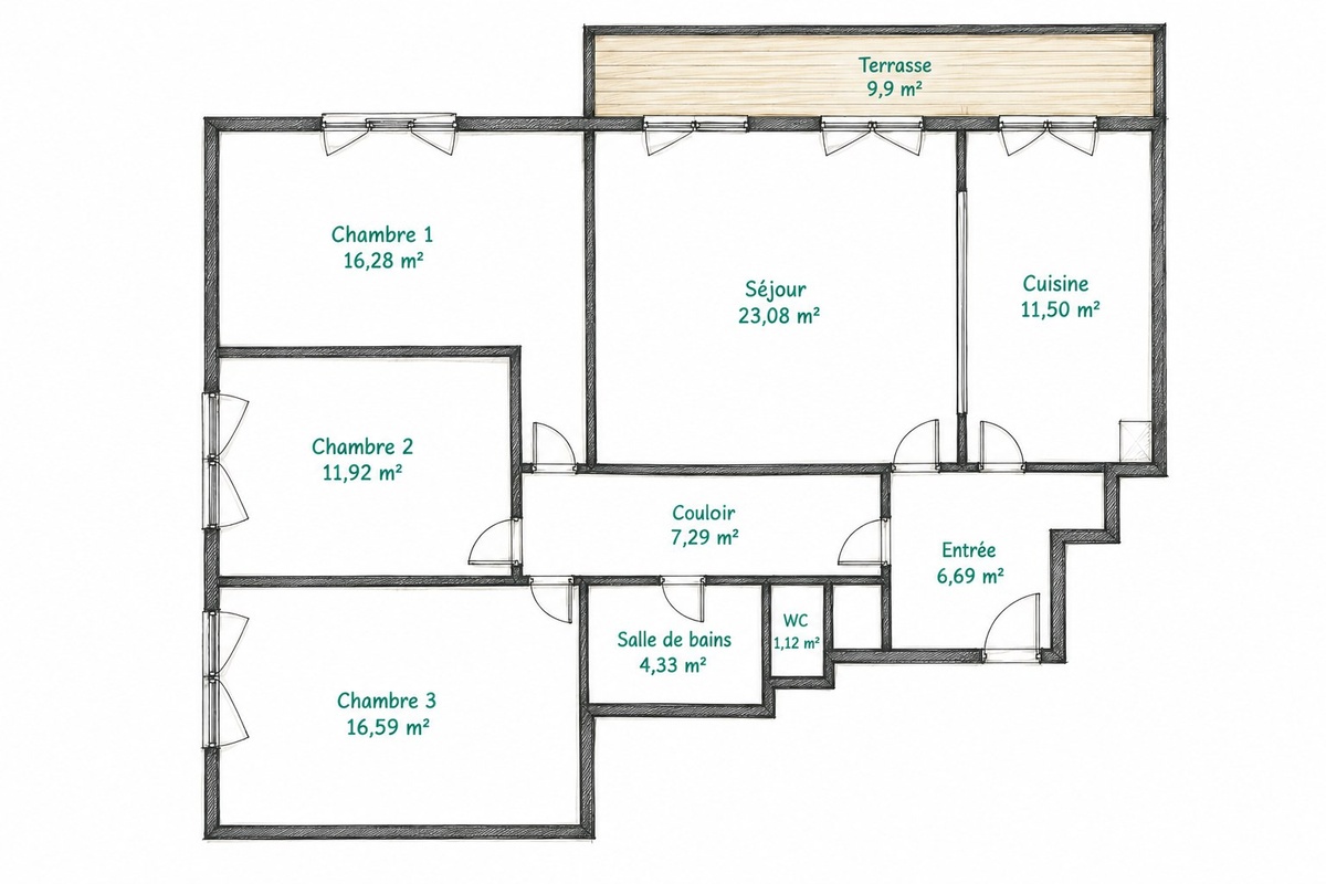 Plan coté de l'appartement 4 pièces à vendre à Margency, avec la surface de chaque pièce