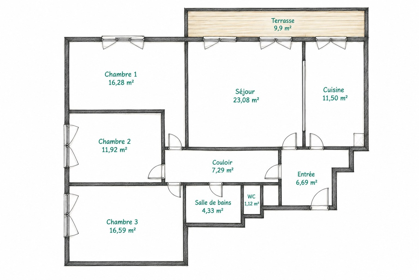 Plan coté de l'appartement 4 pièces à vendre à Margency, avec la surface de chaque pièce